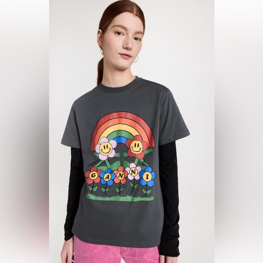 Ganni Gray Graphic Short Sleeve Tee